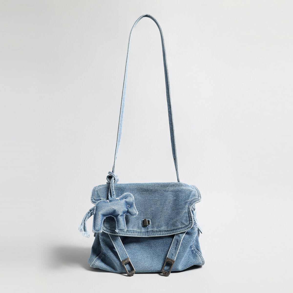Distressed Denim Flap Crossbody – Elephant Charm Shoulder Bag with Buckle Details