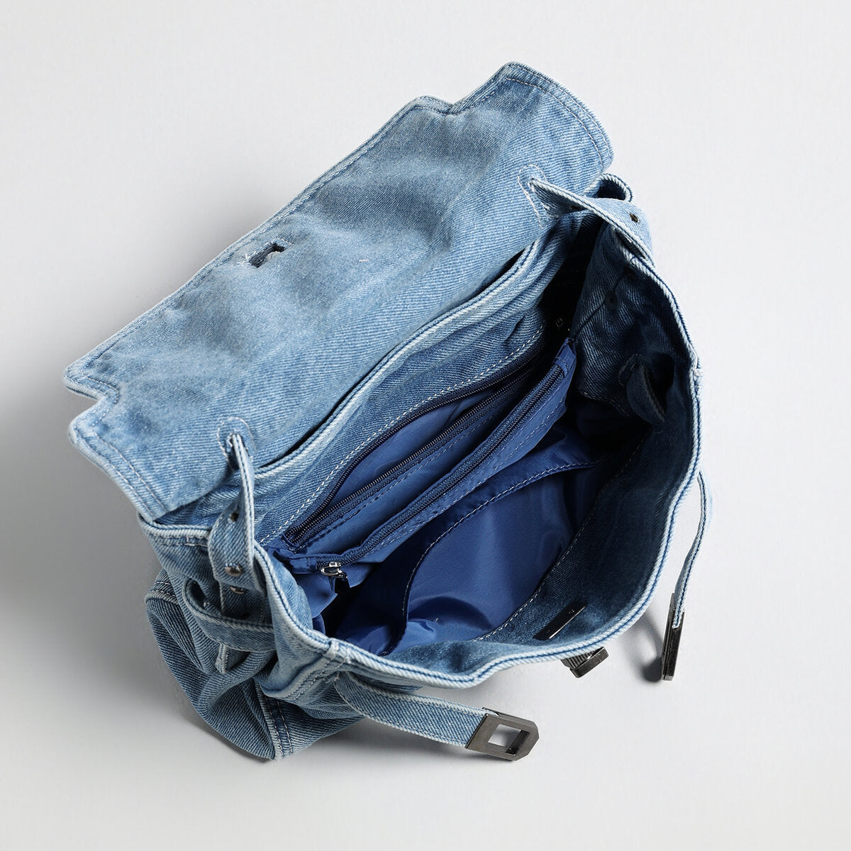 Distressed Denim Flap Crossbody – Elephant Charm Shoulder Bag with Buckle Details