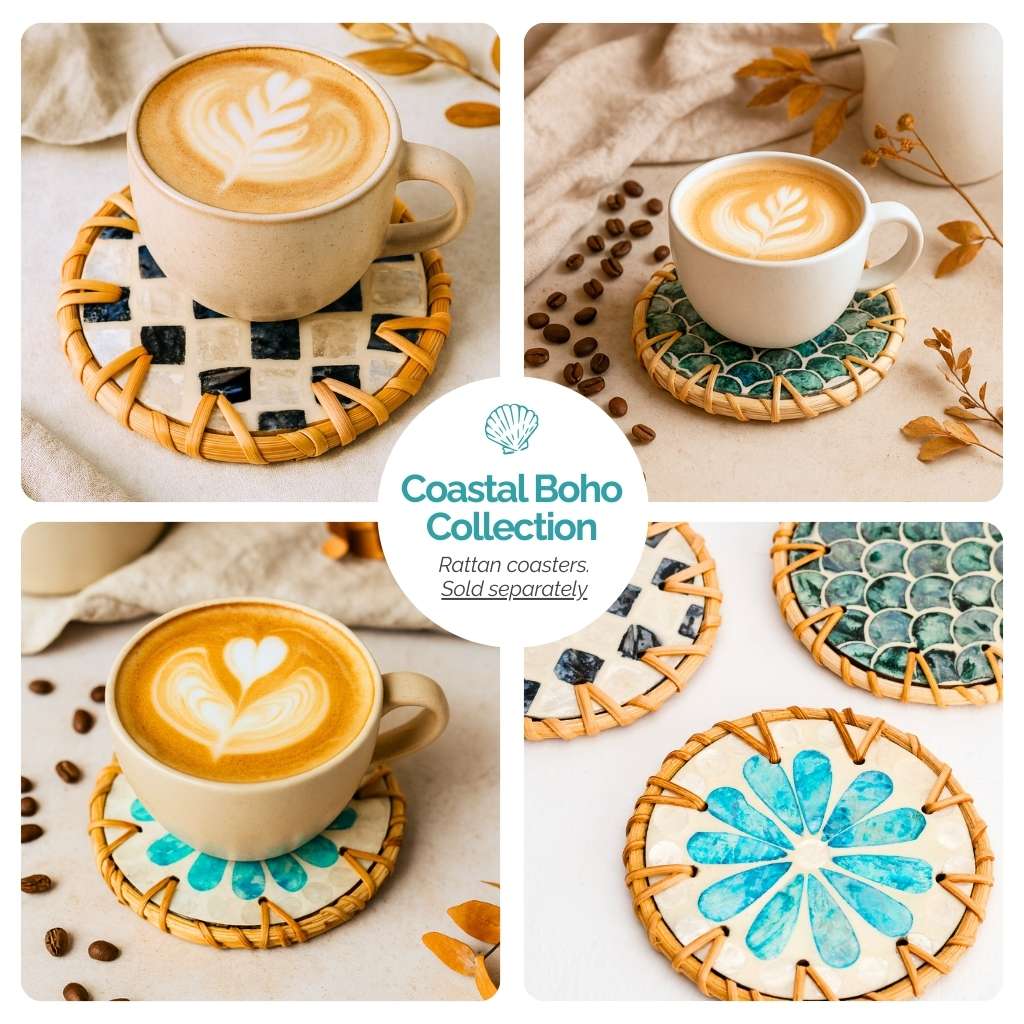 Handmade Natural Rattan & Mother of Pearl Coaster Set (6 Piece + Holder) • Drift