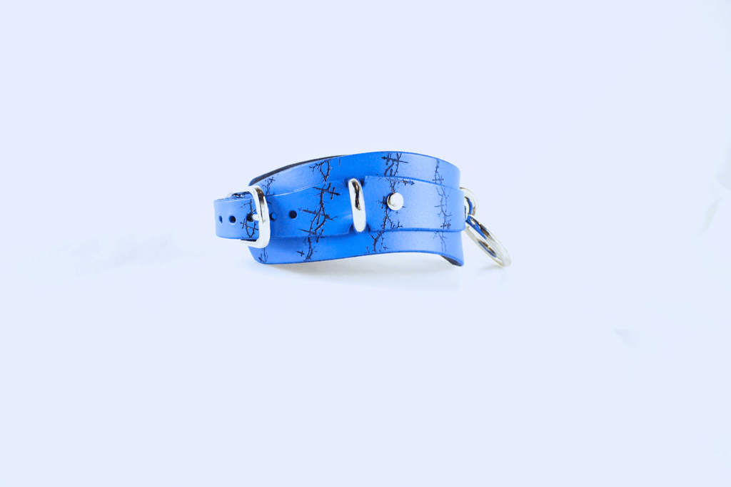 Barbed BDSM Collar – Blue Leather Submissive Collar with Rings