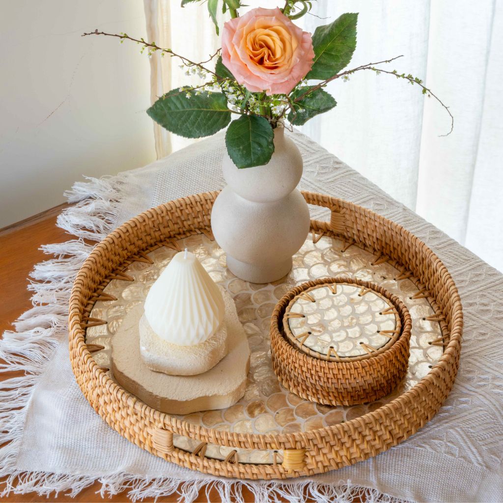 Handmade Natural Rattan & Mother of Pearl Coaster Set (6 Piece + Holder) • Cascade Light