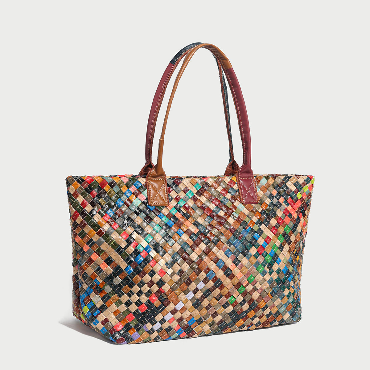 Flamboyant Multicolor Woven Leather Tote Bag – French-Chic Cowhide Braided Shoulder & Crossbody