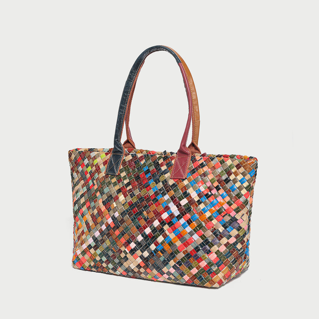 Flamboyant Multicolor Woven Leather Tote Bag – French-Chic Cowhide Braided Shoulder & Crossbody