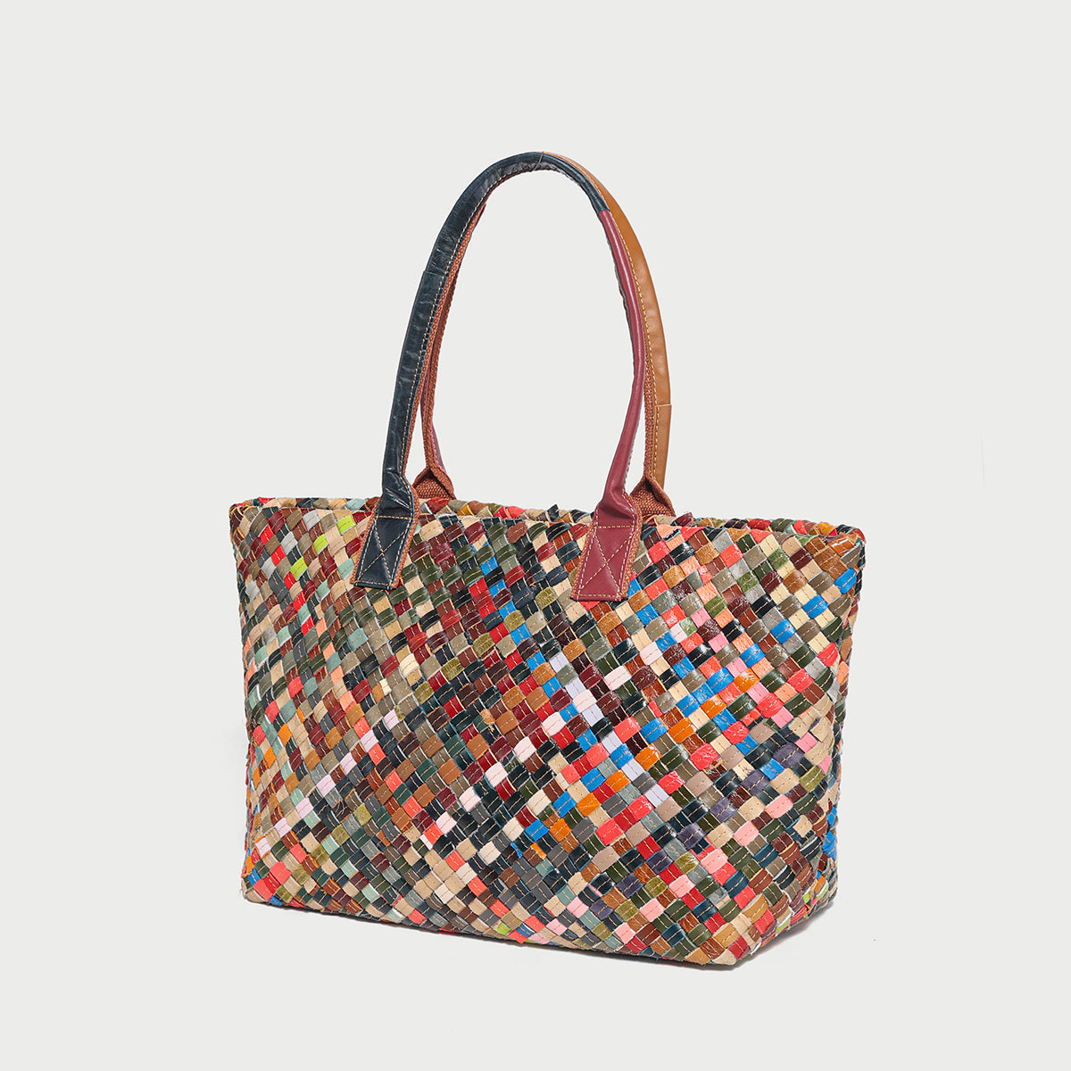 Flamboyant Multicolor Woven Leather Tote Bag – French-Chic Cowhide Braided Shoulder & Crossbody