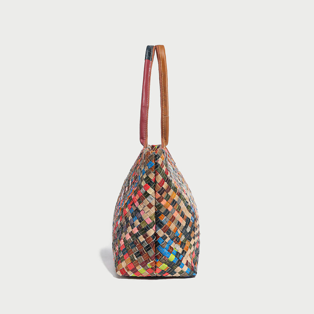 Flamboyant Multicolor Woven Leather Tote Bag – French-Chic Cowhide Braided Shoulder & Crossbody