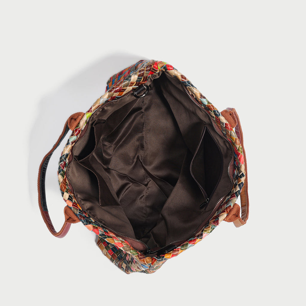 Flamboyant Multicolor Woven Leather Tote Bag – French-Chic Cowhide Braided Shoulder & Crossbody