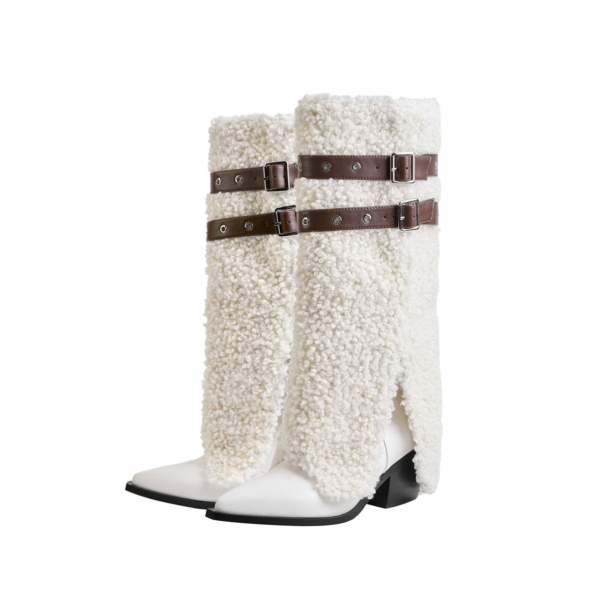 Fluffy White Panel Knee High Boots with Leather Buckles