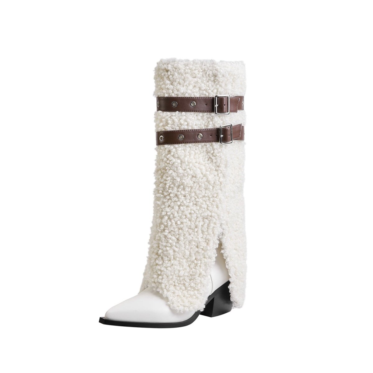 Fluffy White Panel Knee High Boots with Leather Buckles