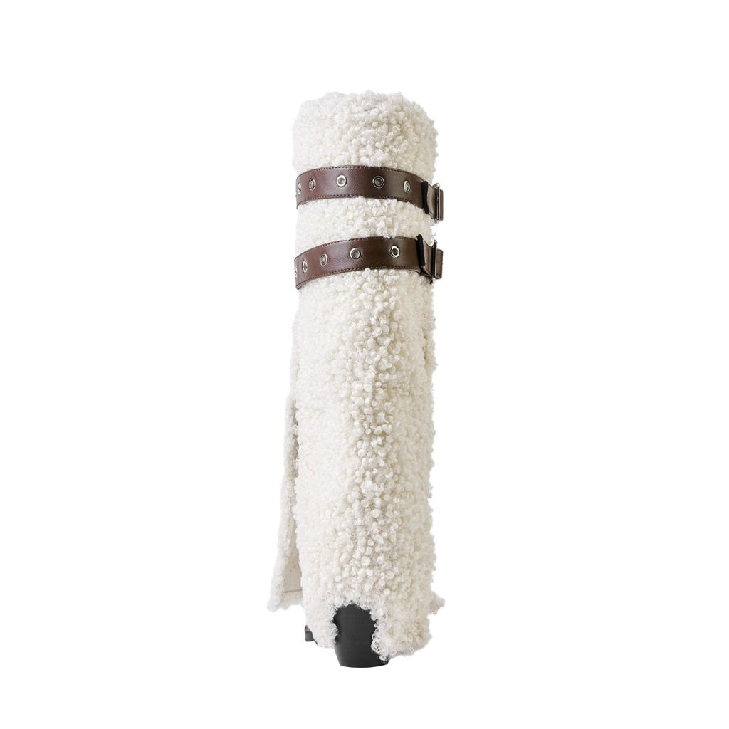Fluffy White Panel Knee High Boots with Leather Buckles