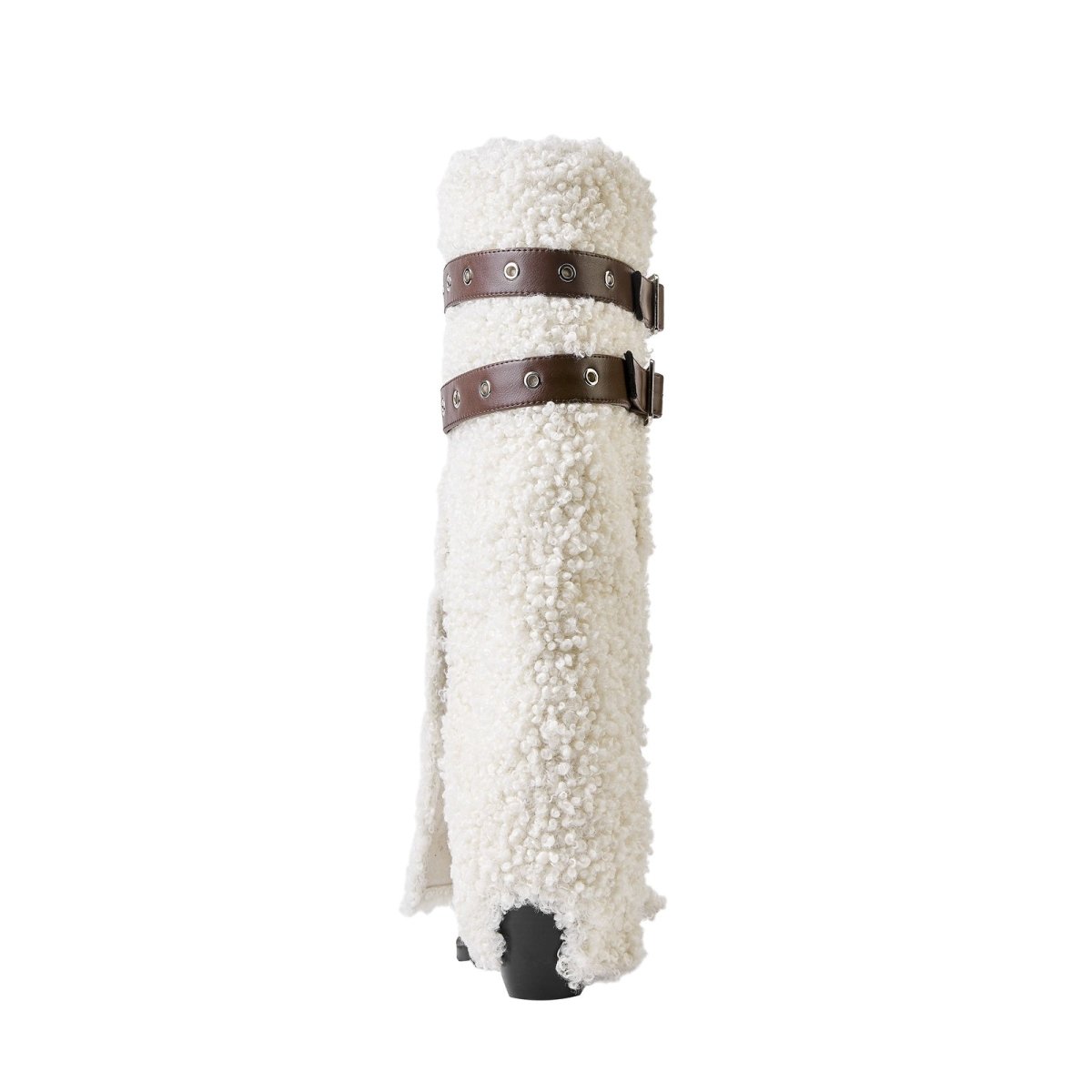 Fluffy White Panel Knee High Boots with Leather Buckles