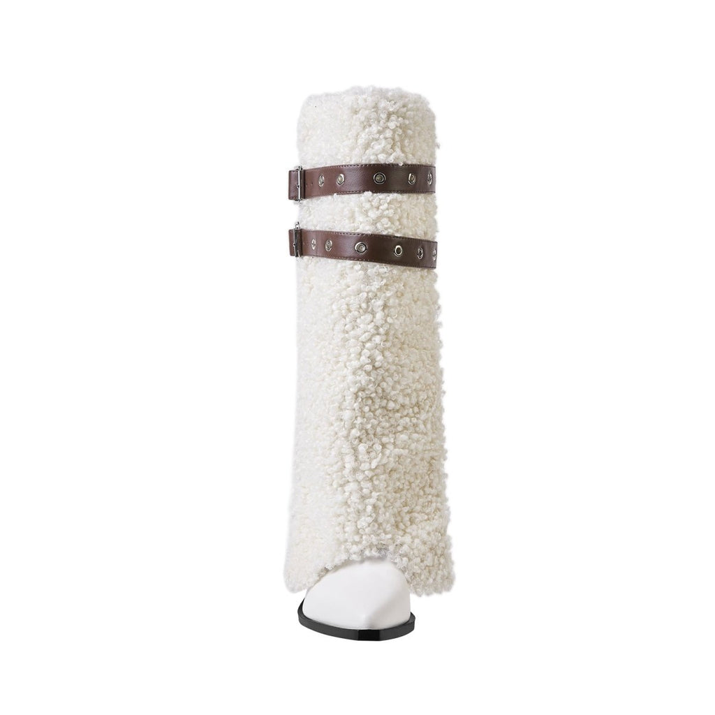 Fluffy White Panel Knee High Boots with Leather Buckles