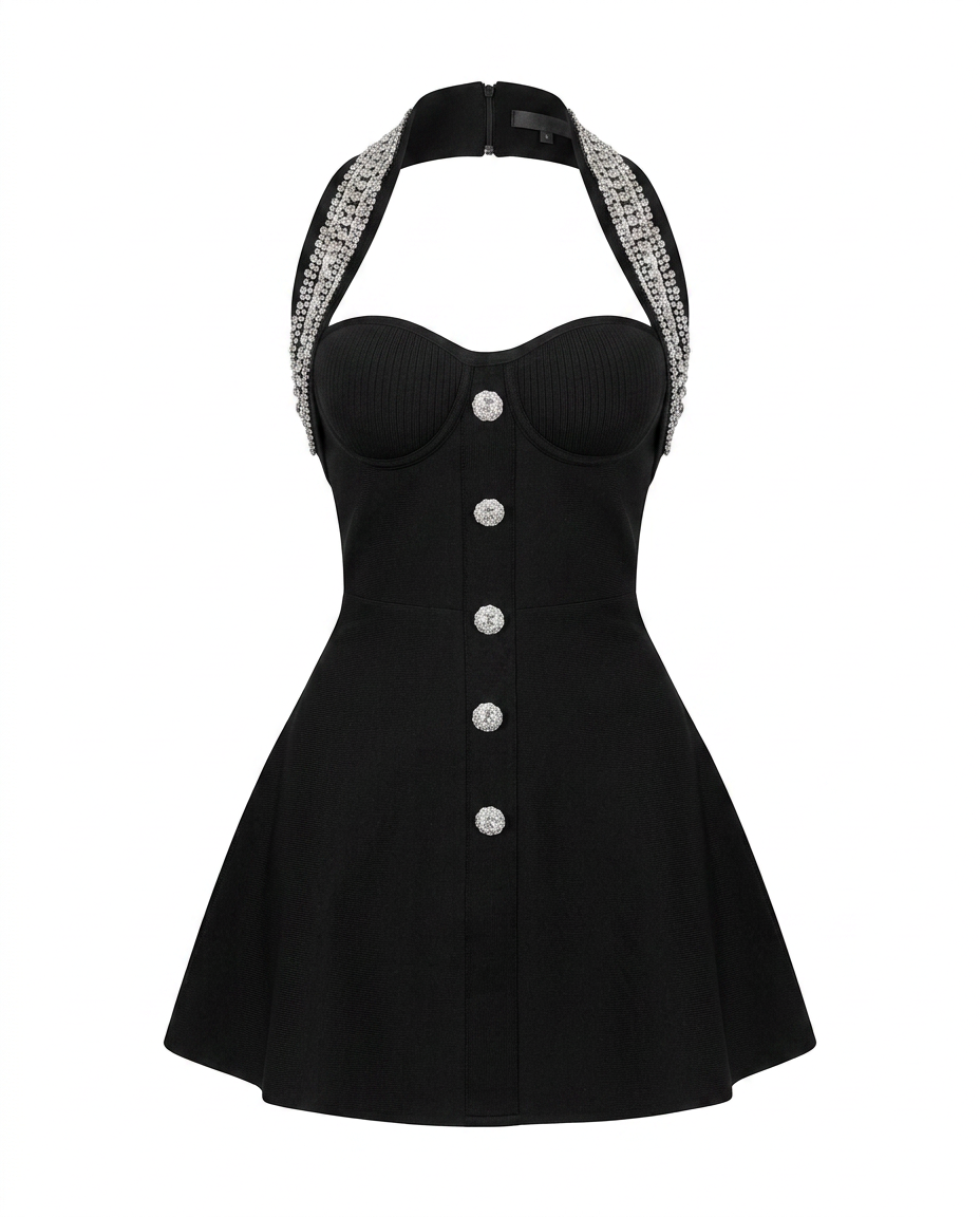 Black Crystal Bodycon A-Line Dress