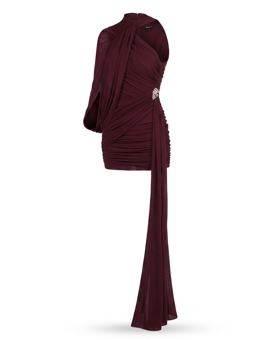 Burgundy Ruched Tassel Mini Dress