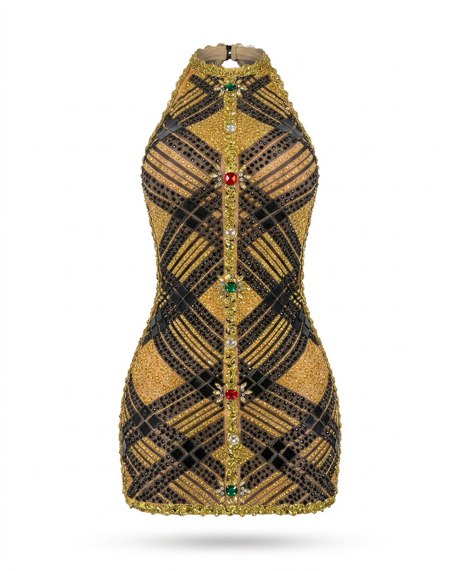 Black & Gold Gem Halter Mini Dress