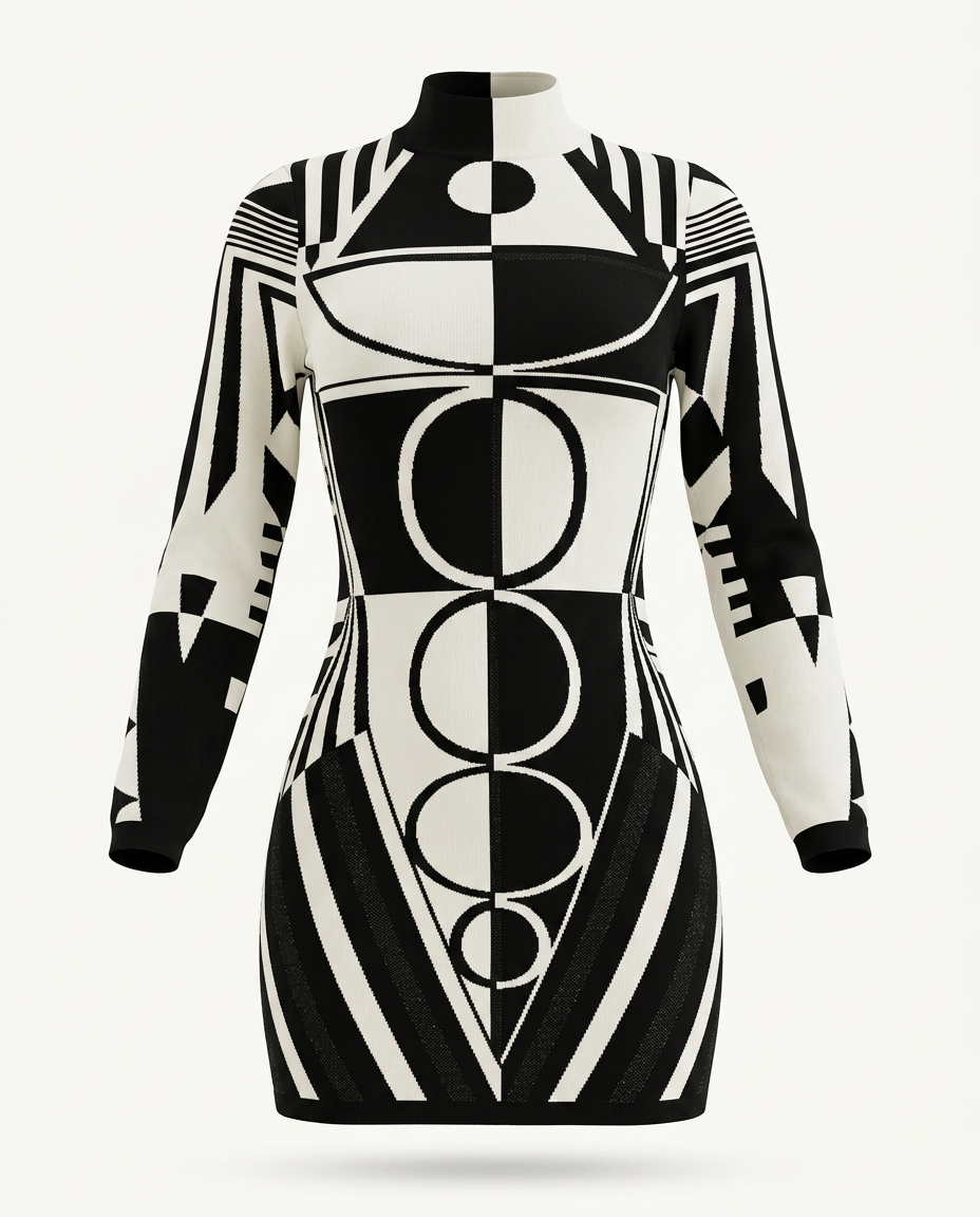 Ivory & Black Geometric Knit Dress