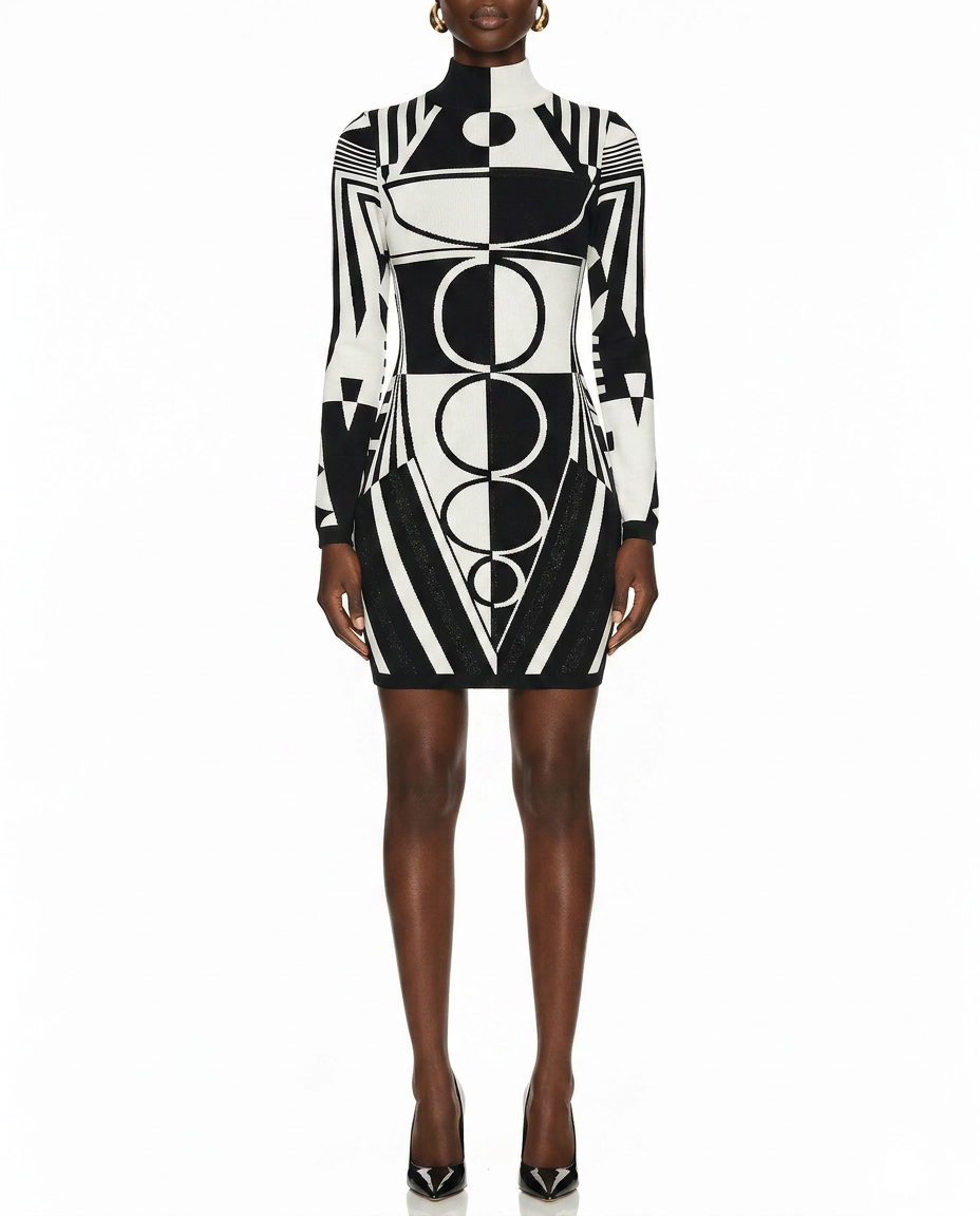 Ivory & Black Geometric Knit Dress