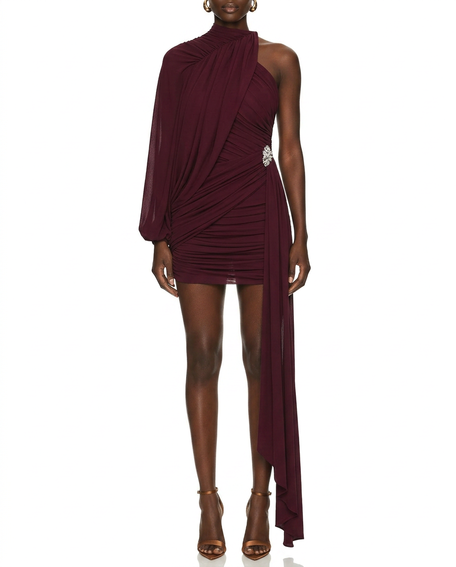 Burgundy Ruched Tassel Mini Dress