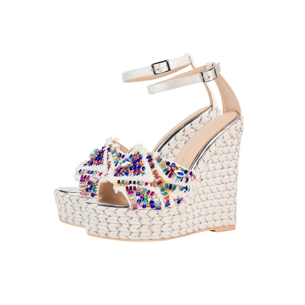 Girly Rhinestone Encrusted White Bohemian Wedges