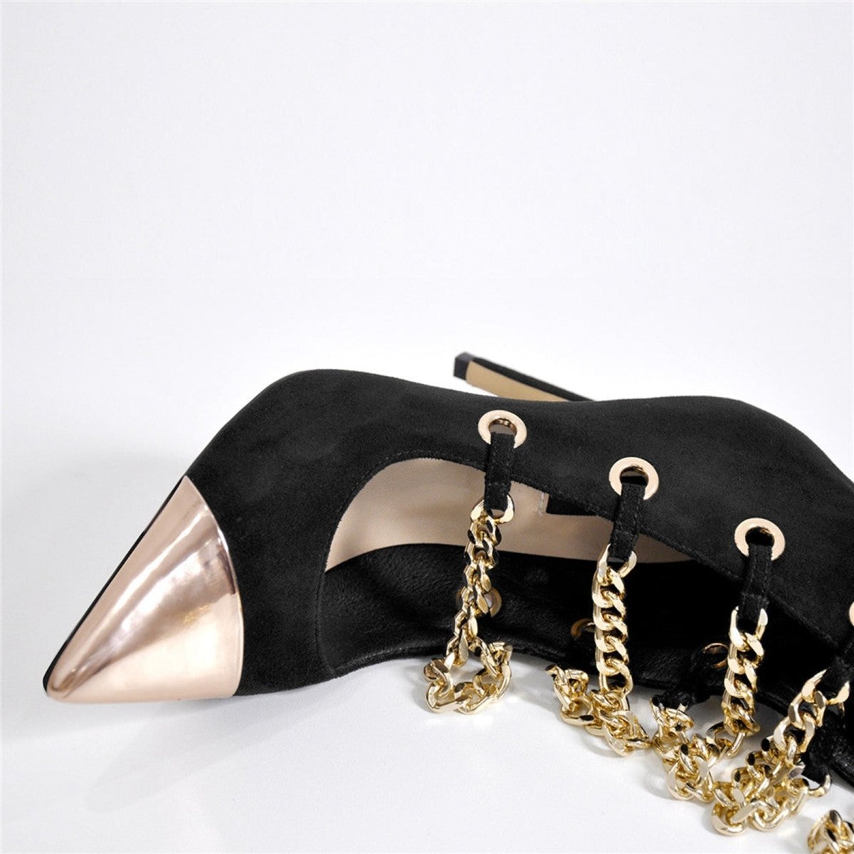 Glam Pointed Toe Gold Chain Black Knee High Boots