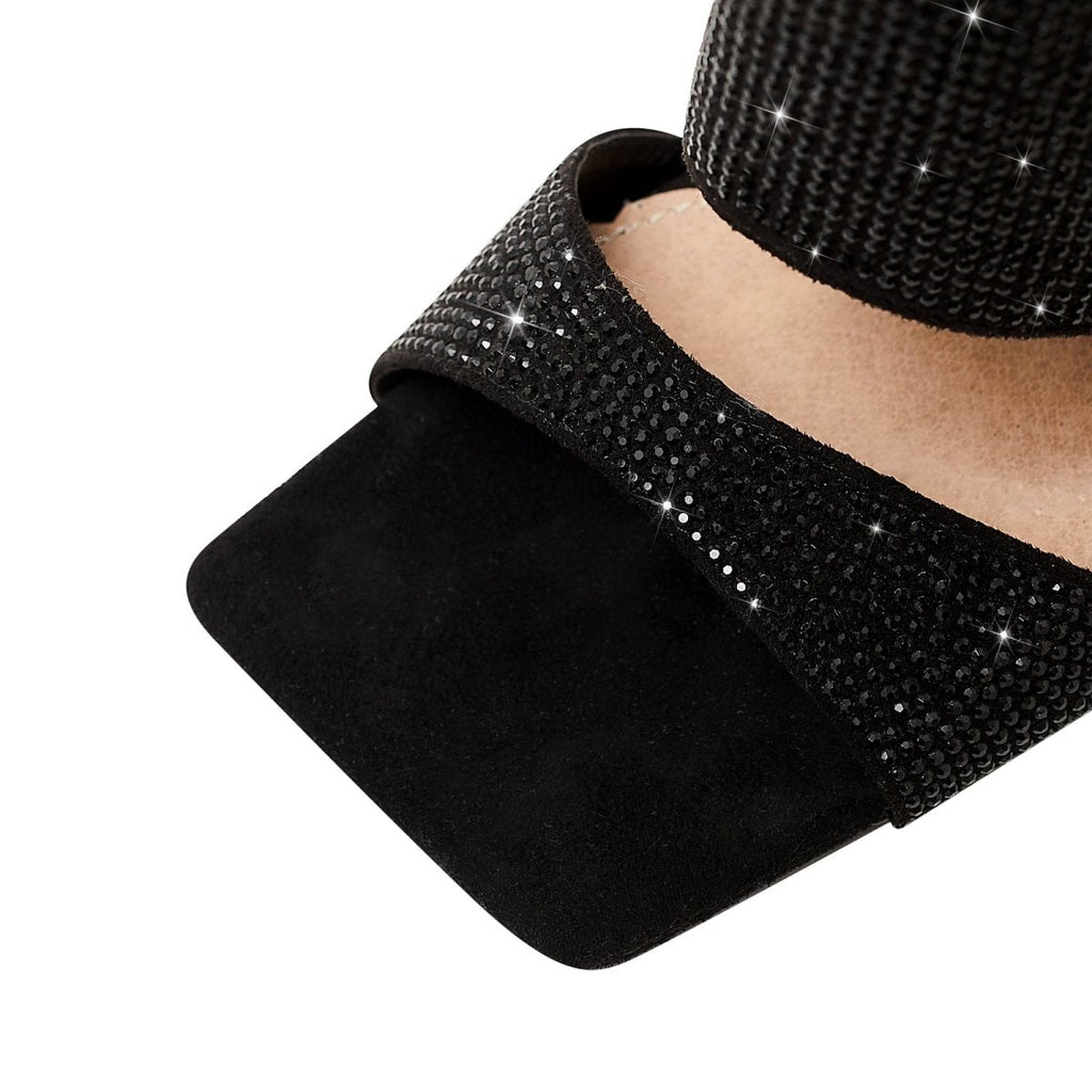 Glittery Rhinestone Square Toe Mid High Sandal Boots