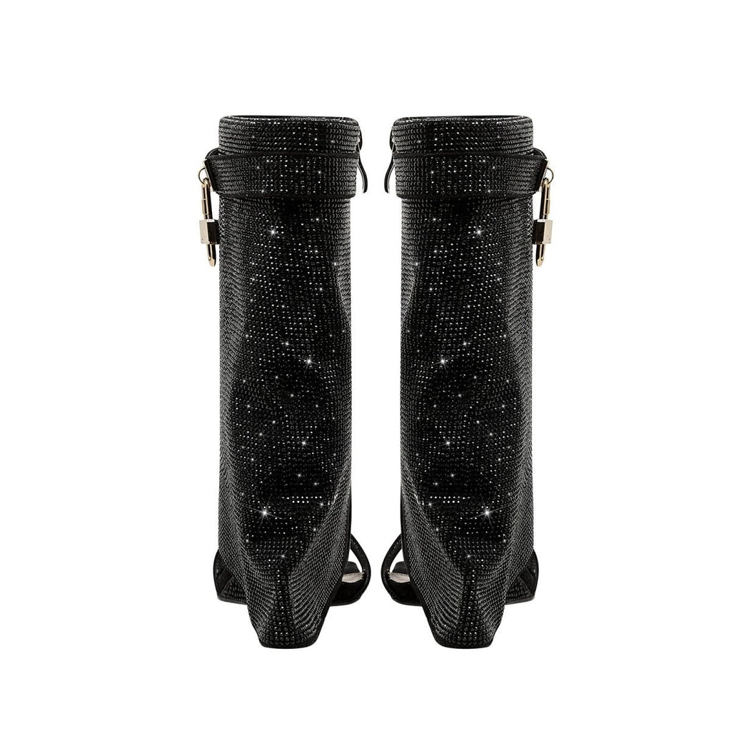 Glittery Rhinestone Square Toe Mid High Sandal Boots