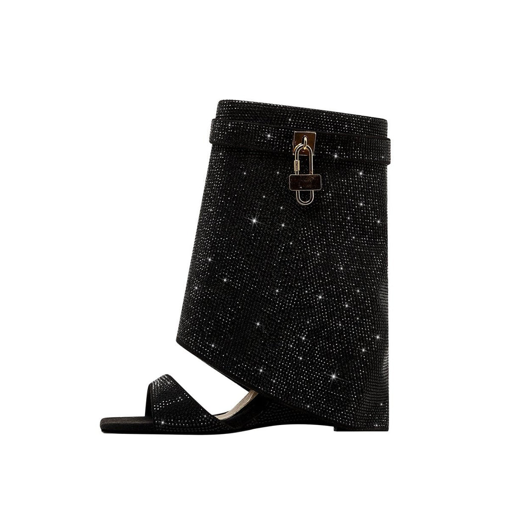 Glittery Rhinestone Square Toe Mid High Sandal Boots