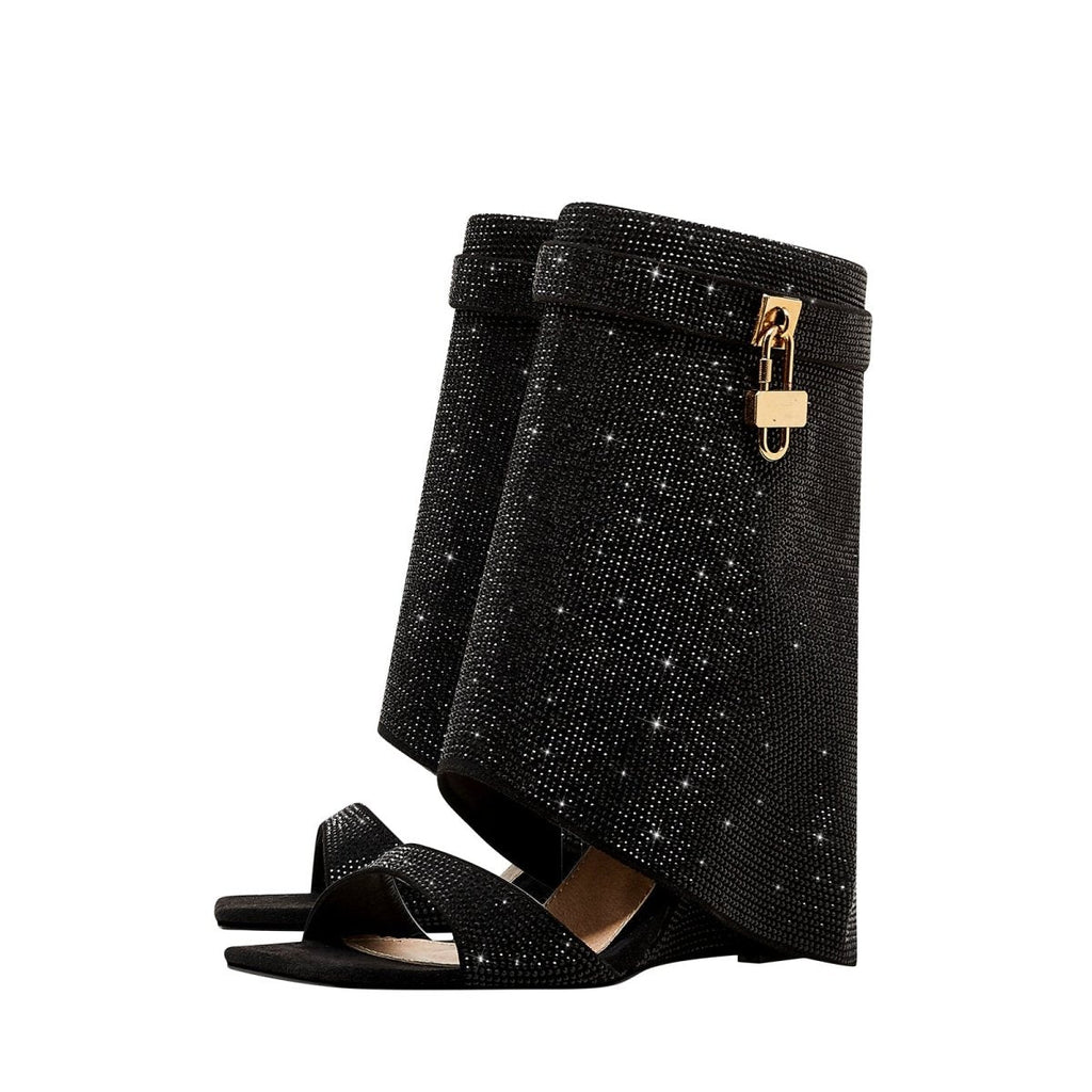 Glittery Rhinestone Square Toe Mid High Sandal Boots