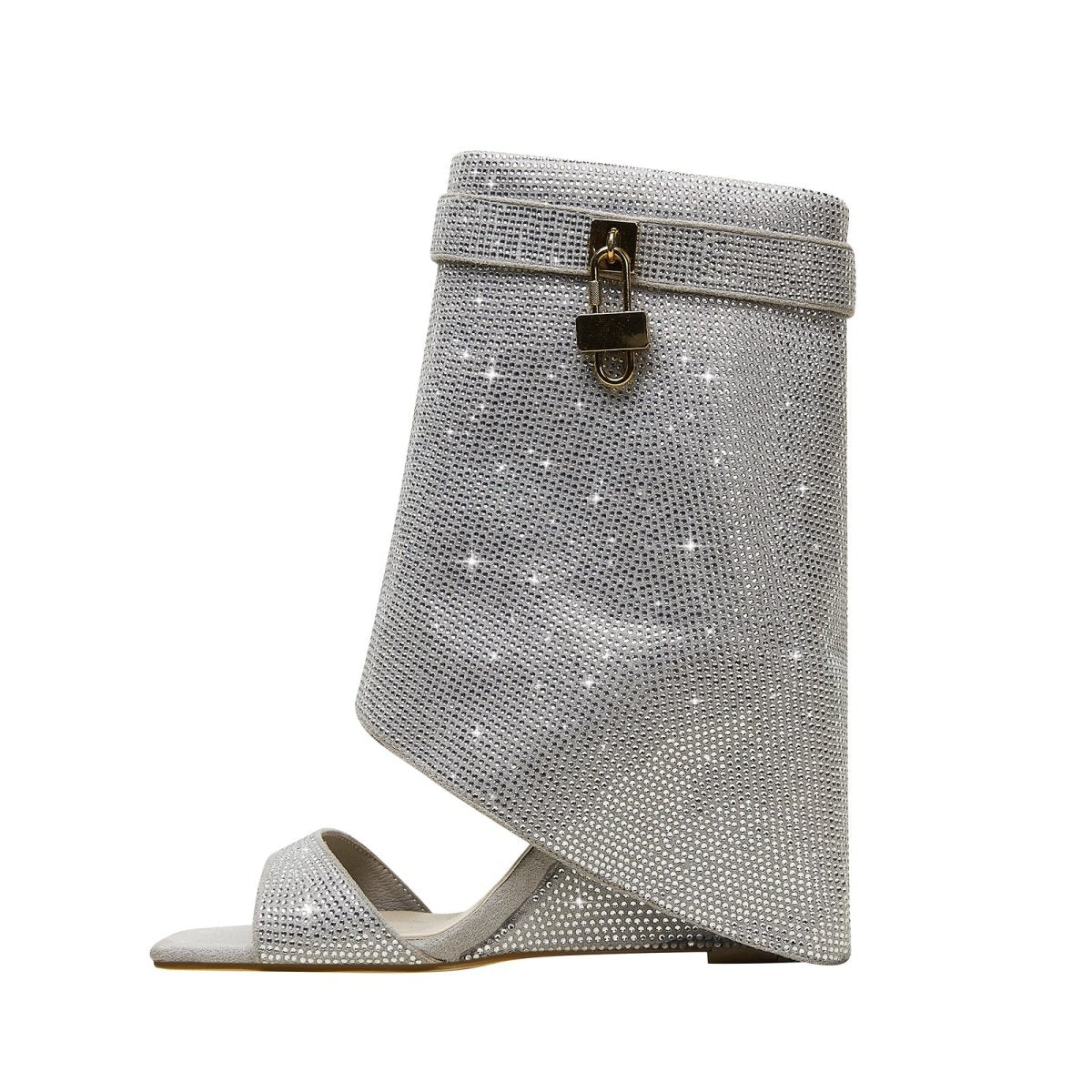 Glittery Rhinestone Square Toe Mid High Sandal Boots