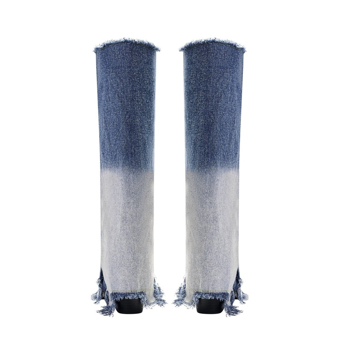 Gradient Navy Frayed Denim Knee High Boots