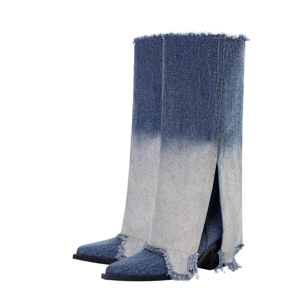 Gradient Navy Frayed Denim Knee High Boots