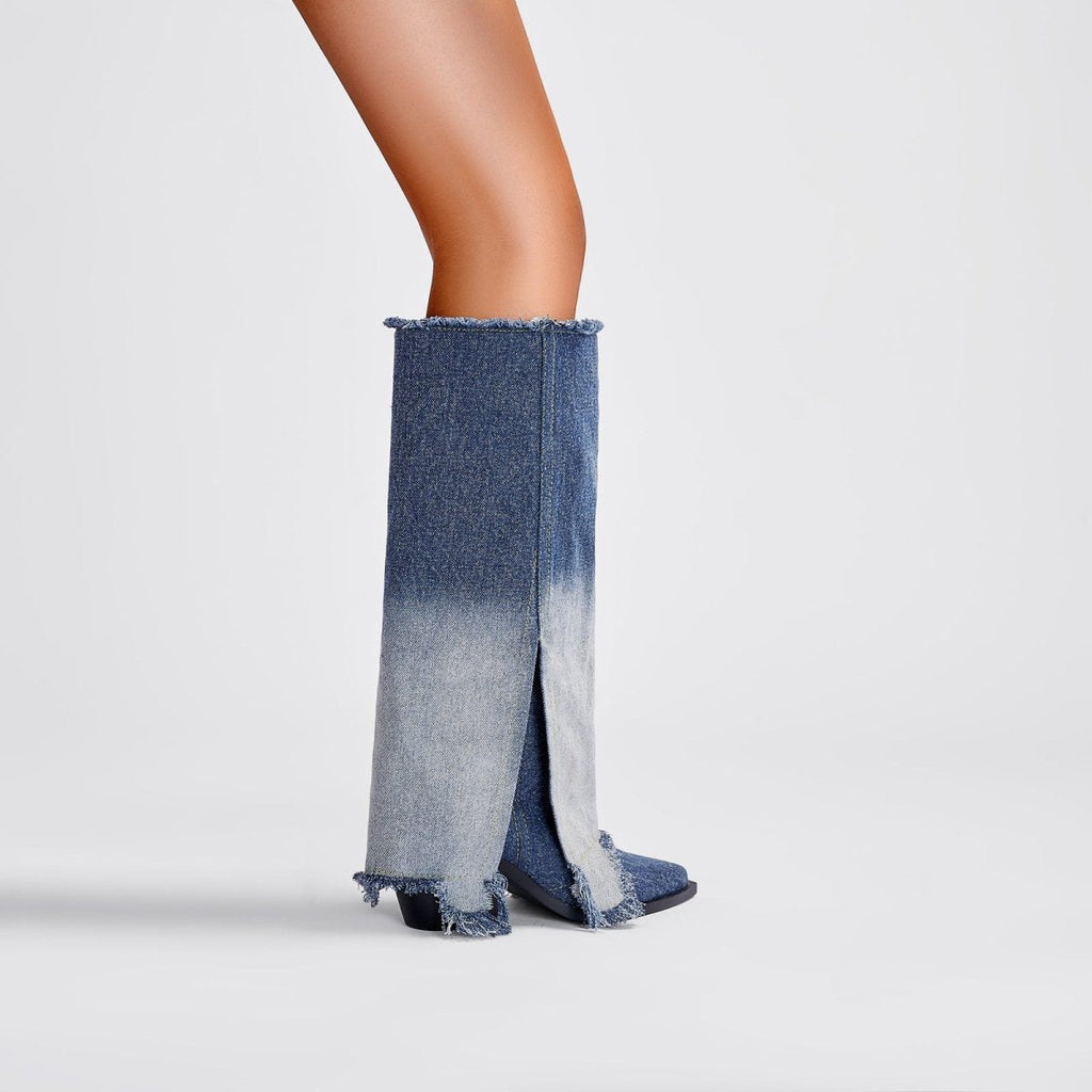 Gradient Navy Frayed Denim Knee High Boots