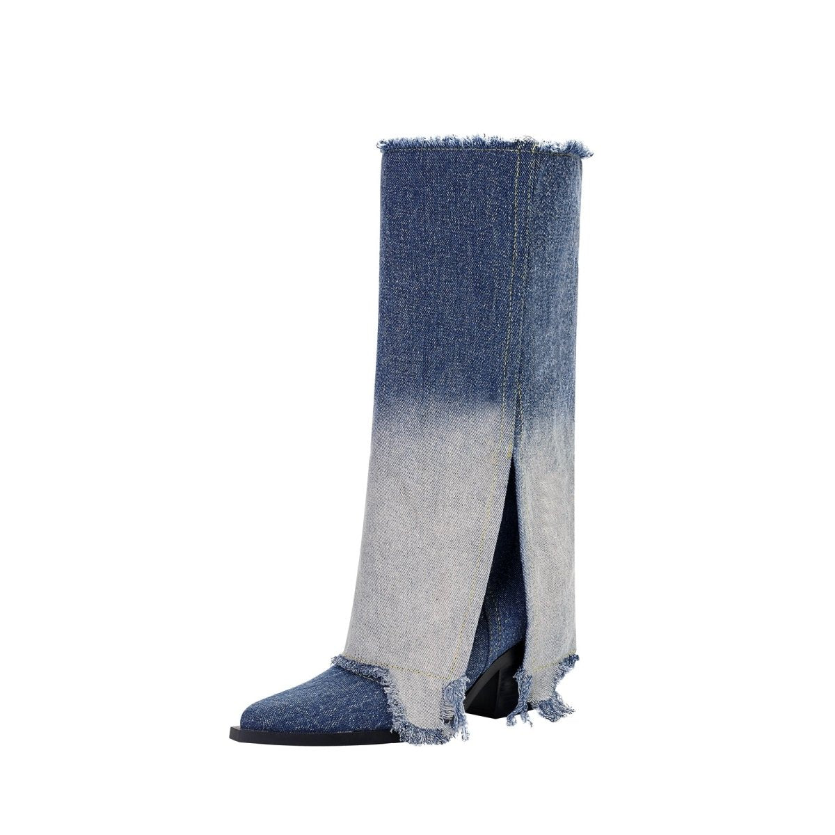 Gradient Navy Frayed Denim Knee High Boots