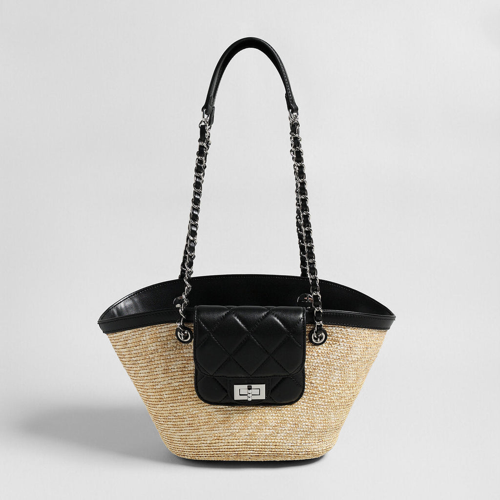 Hand-Woven Straw Basket Tote with Quilted Chain Flap – Chanel-Inspired Luxury Shoulder Bag