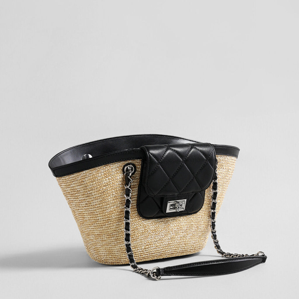 Hand-Woven Straw Basket Tote with Quilted Chain Flap – Chanel-Inspired Luxury Shoulder Bag