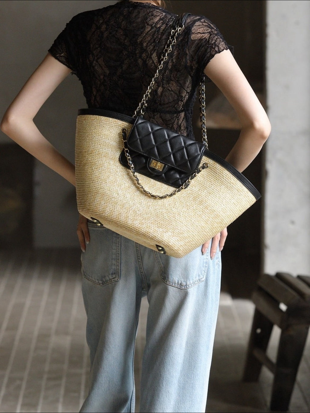 Hand-Woven Straw Basket Tote with Quilted Chain Flap – Chanel-Inspired Luxury Shoulder Bag