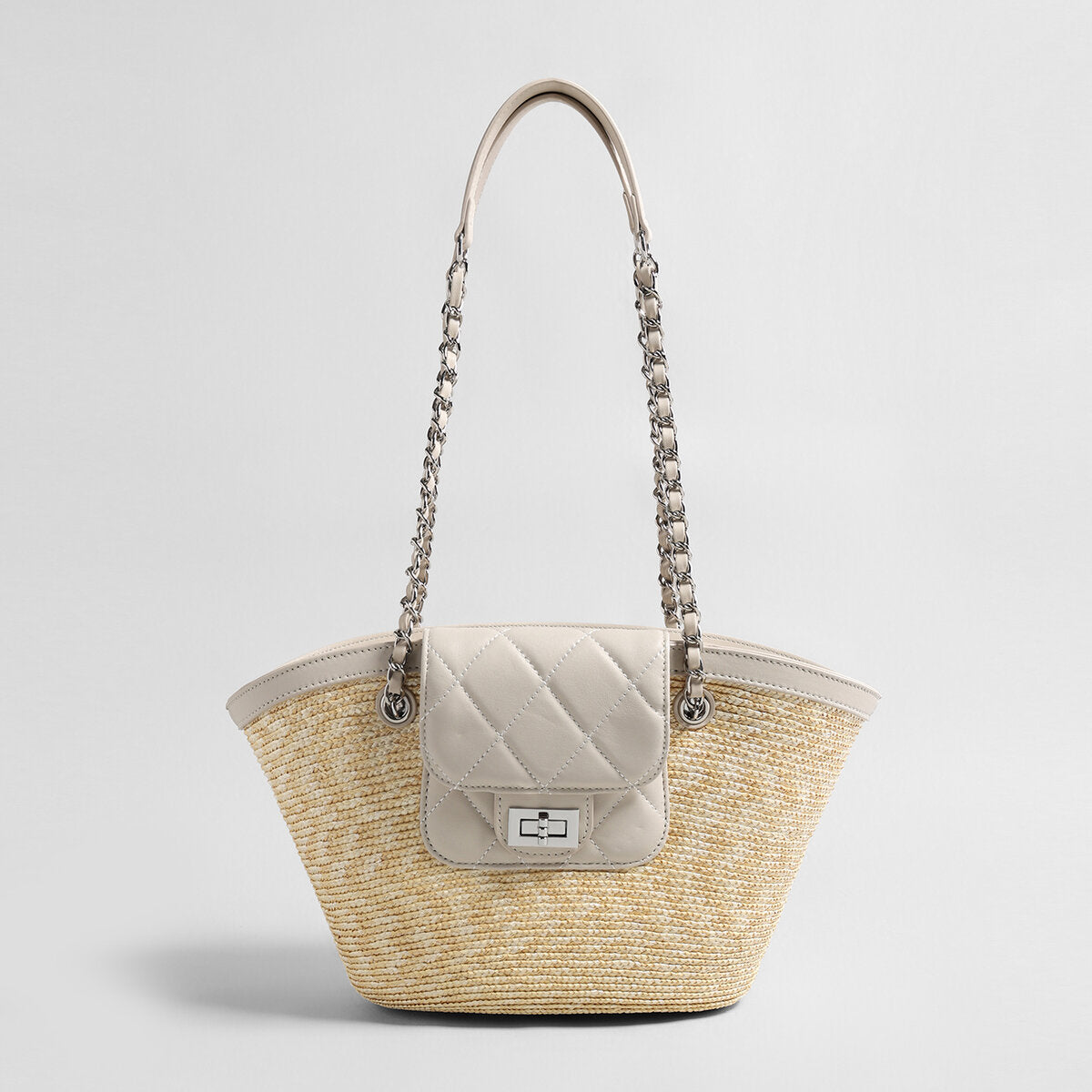 Hand-Woven Straw Basket Tote with Quilted Chain Flap – Chanel-Inspired Luxury Shoulder Bag