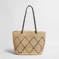 Handwoven Straw Chain Tote Bag – Diamond Pattern Summer Shoulder Bag with Organized Interior