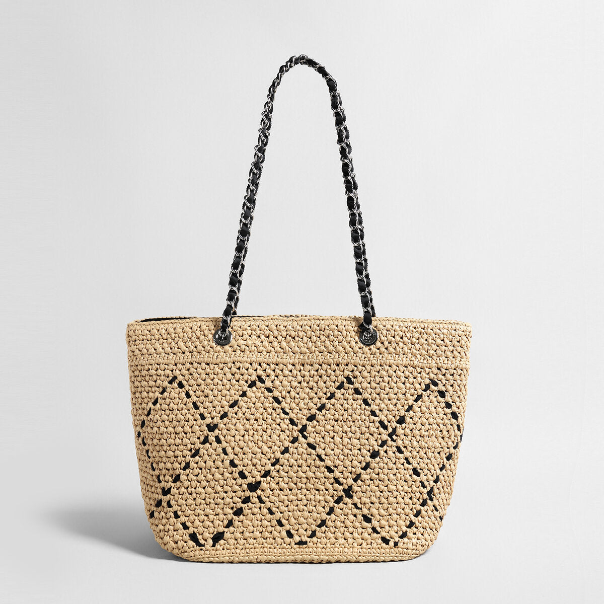 Handwoven Straw Chain Tote Bag – Diamond Pattern Summer Shoulder Bag with Organized Interior