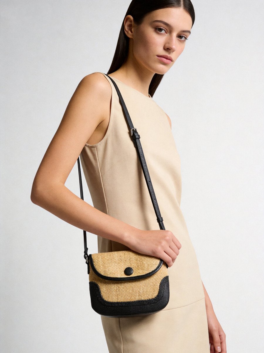 Handwoven Straw Saddle Crossbody – Summer Flap Bag with Calfskin Leather Trim