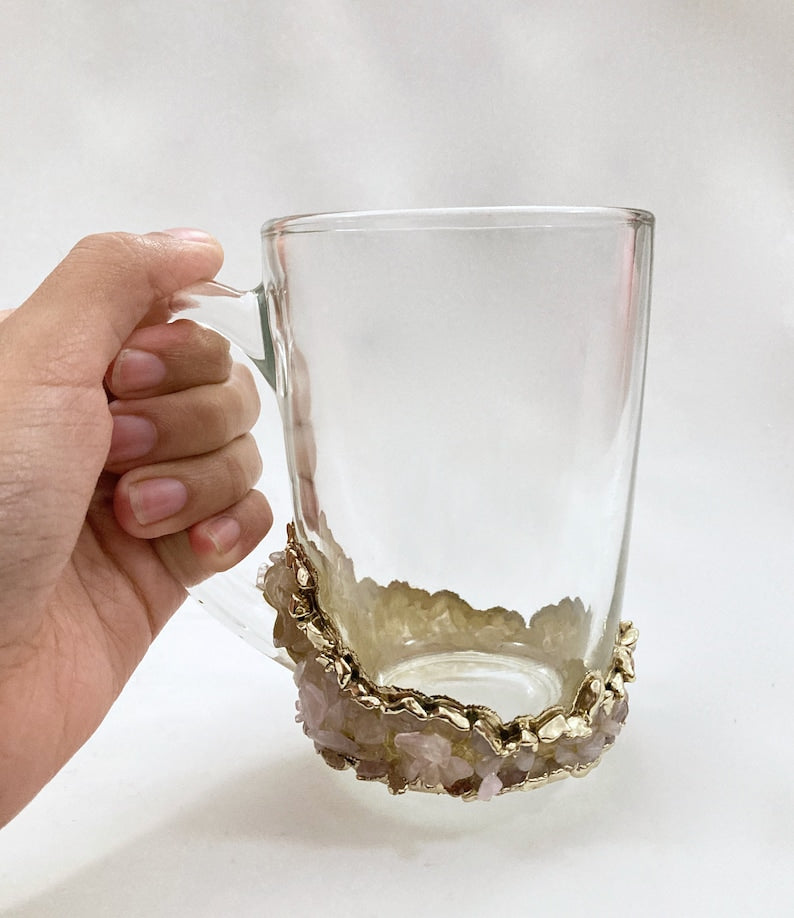 Set of 2 |Crystal Glass Coffee/Tea/Juice Mugs with Gold Plated Agate/Quartz Semi-precious Crystals | 11 oz/320 ml