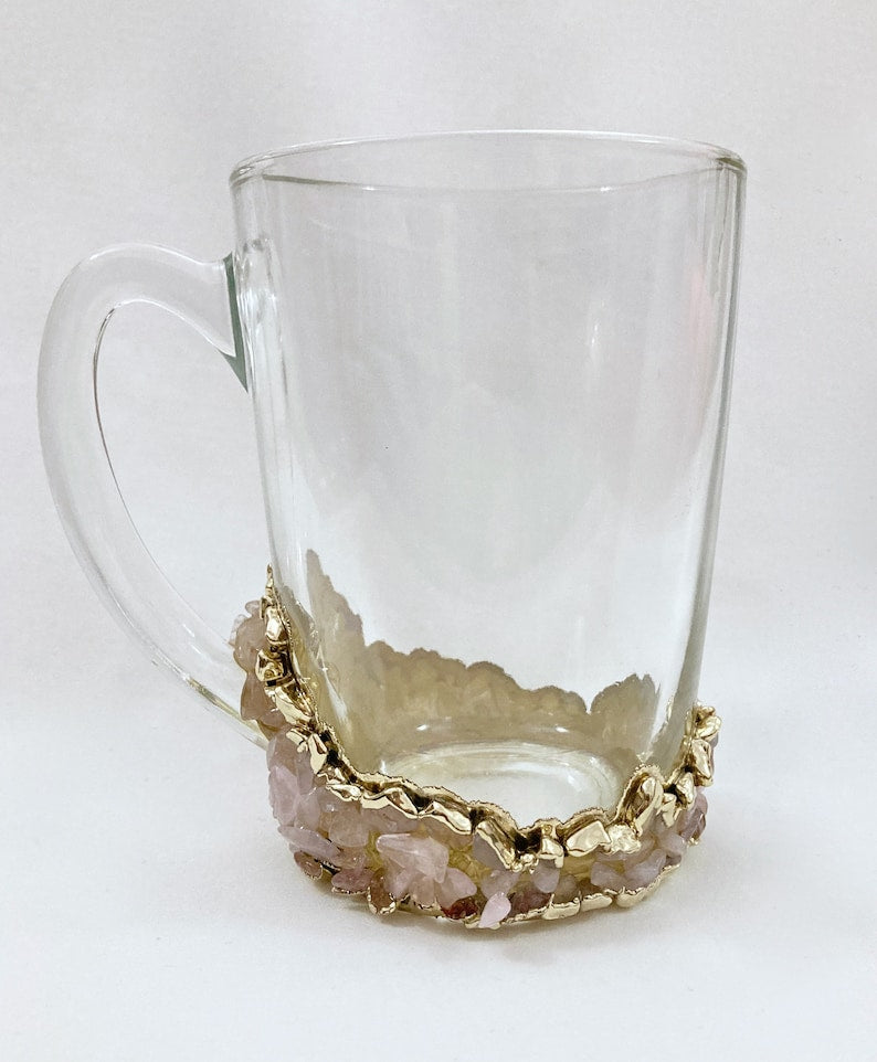 Set of 2 |Crystal Glass Coffee/Tea/Juice Mugs with Gold Plated Agate/Quartz Semi-precious Crystals | 11 oz/320 ml