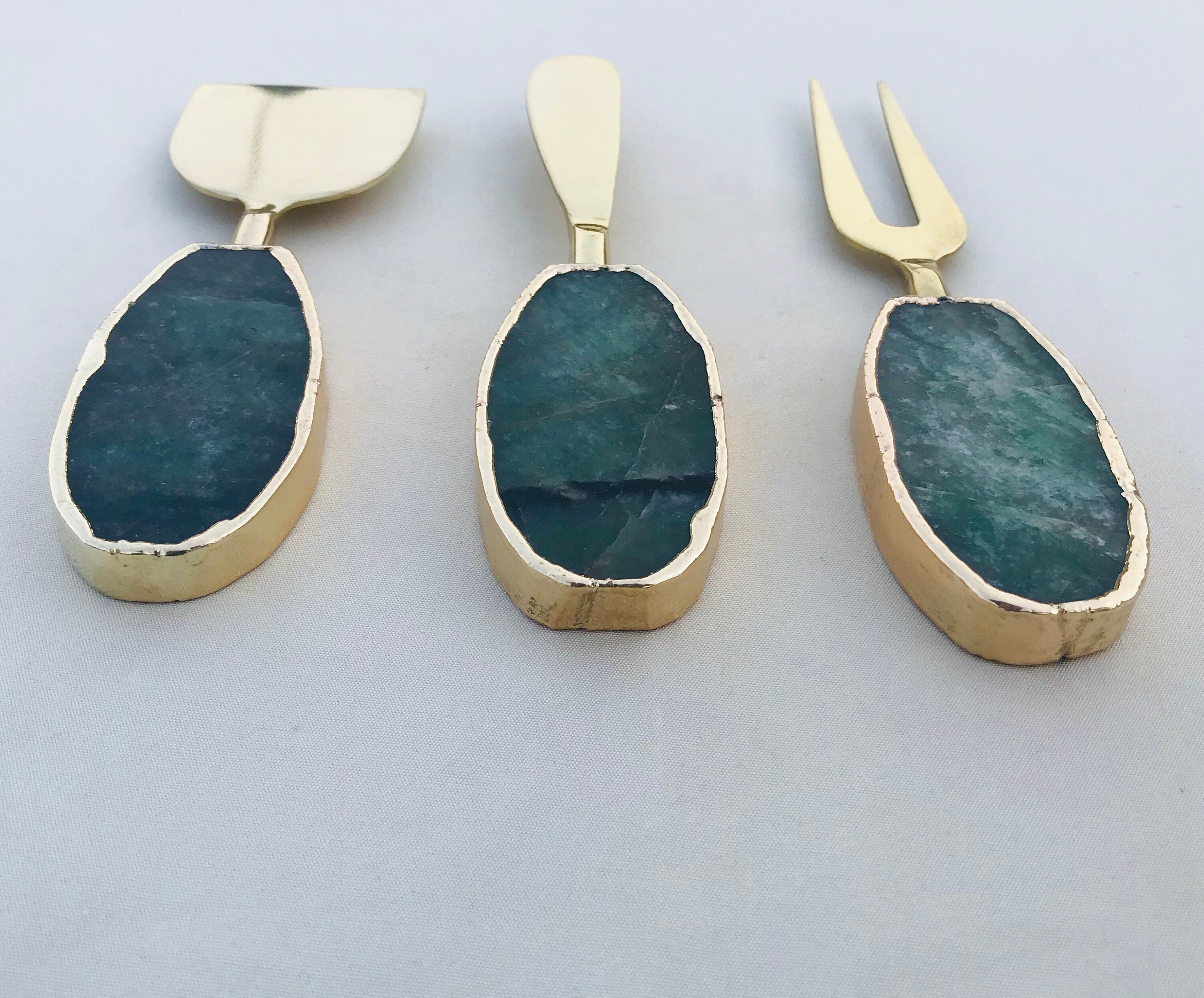 Set of 3 Green Agate Cheese Knives/Spreaders