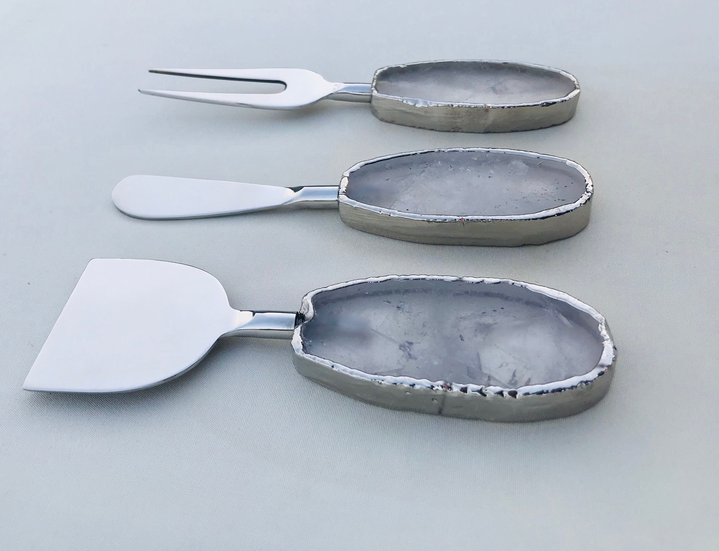 Set of 3 Agate Clear Quartz Cheese Knives/Spreaders
