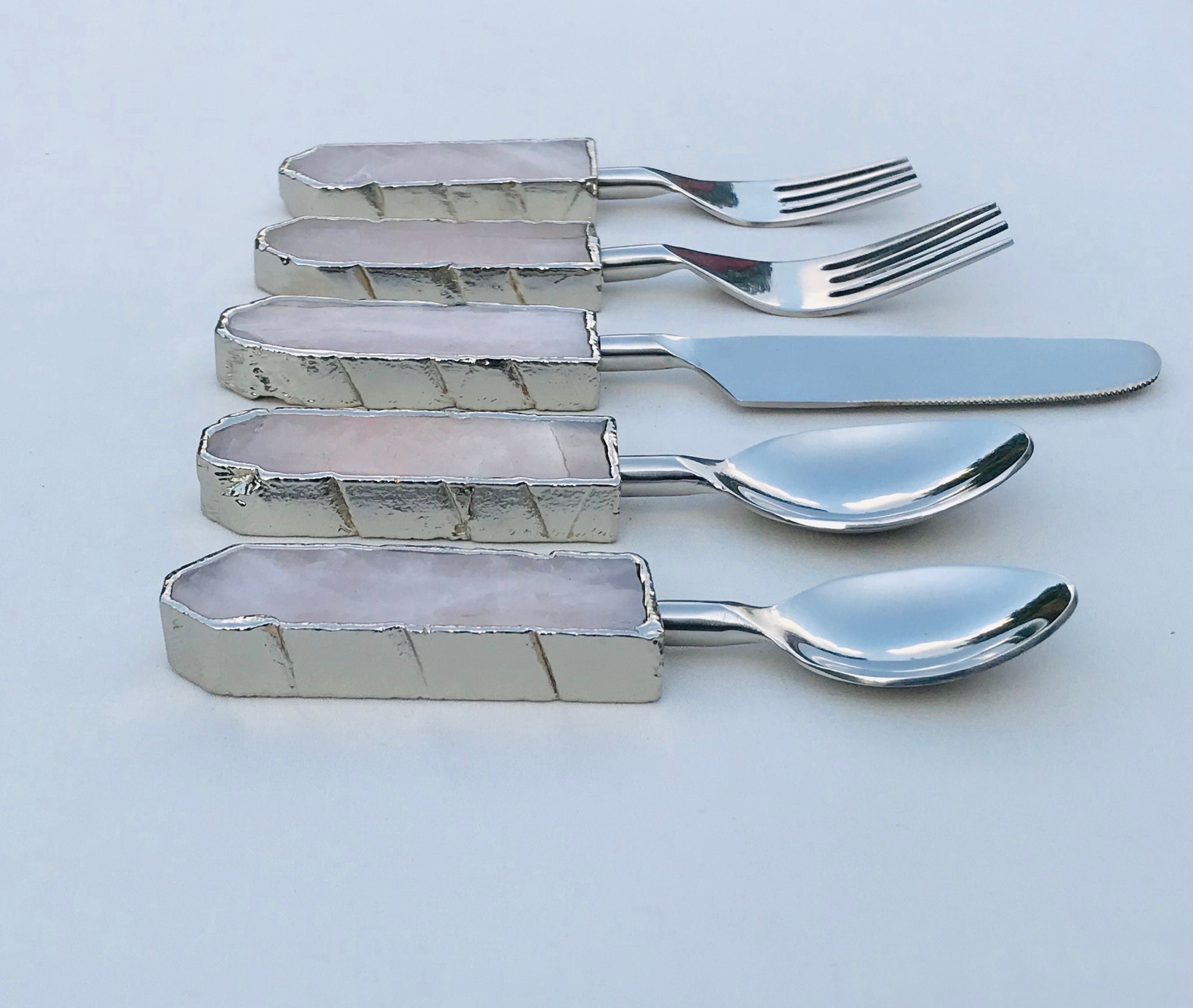 Set of 5 Pieces Rose Quartz/Agate Cutlery