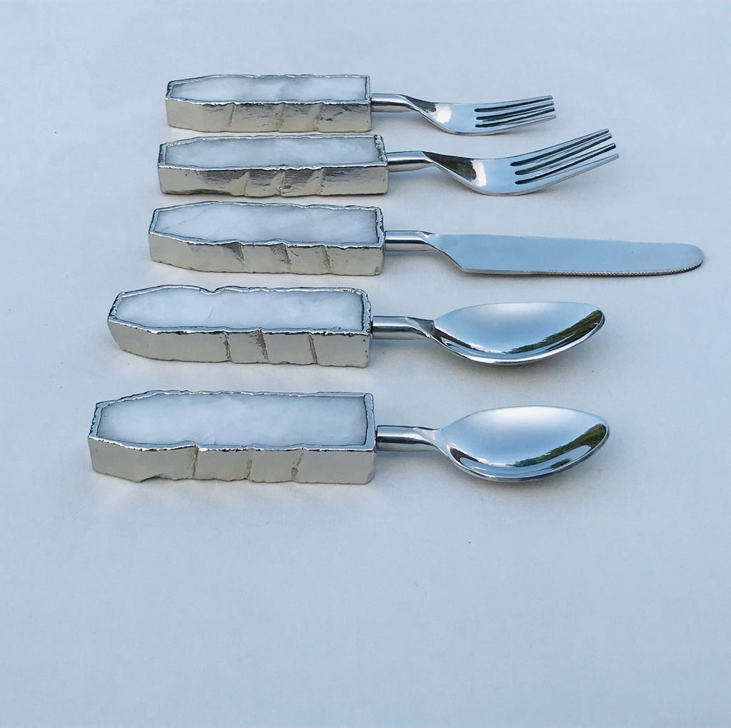 Set of 5 Pieces White Agate Cutlery - Forks/Spoons/Knife