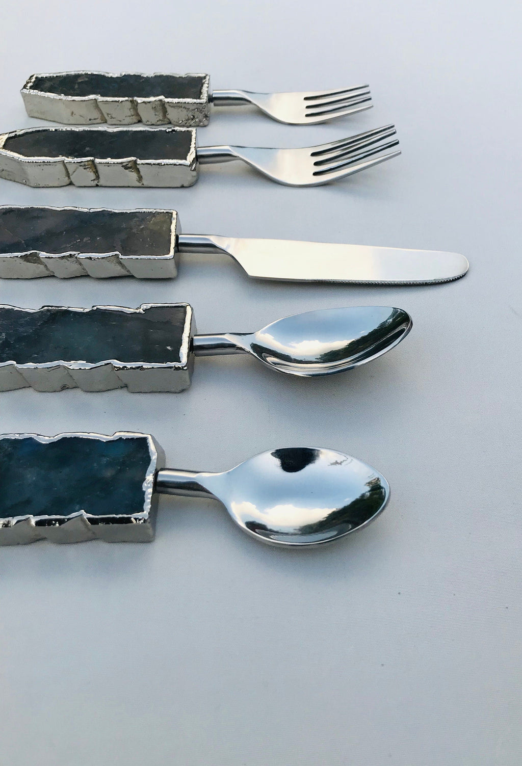 Set of 5 Pieces Labradorite Gemstone/Agate Cutlery - Forks/Spoons/Knife