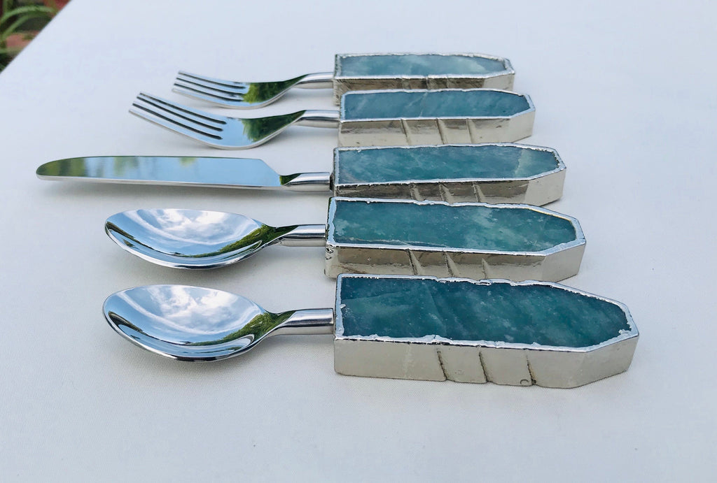 Set of 5 Pieces Green Agate Cutlery