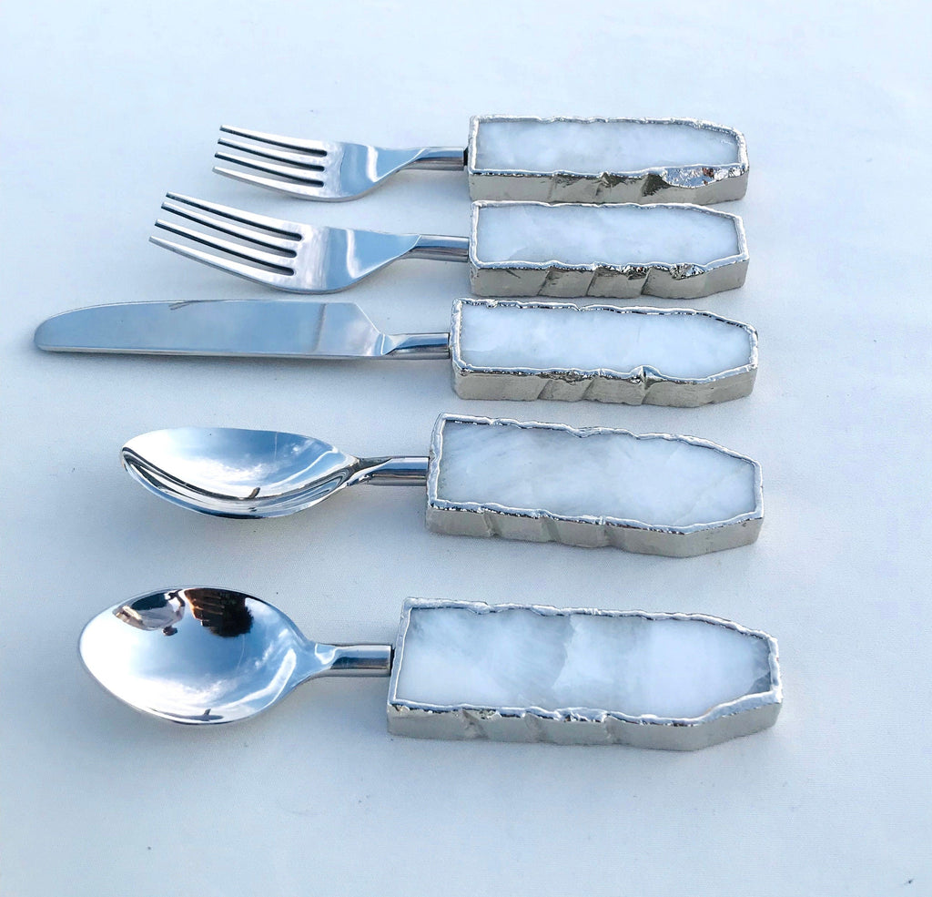 Set of 5 Pieces White Agate Cutlery - Forks/Spoons/Knife