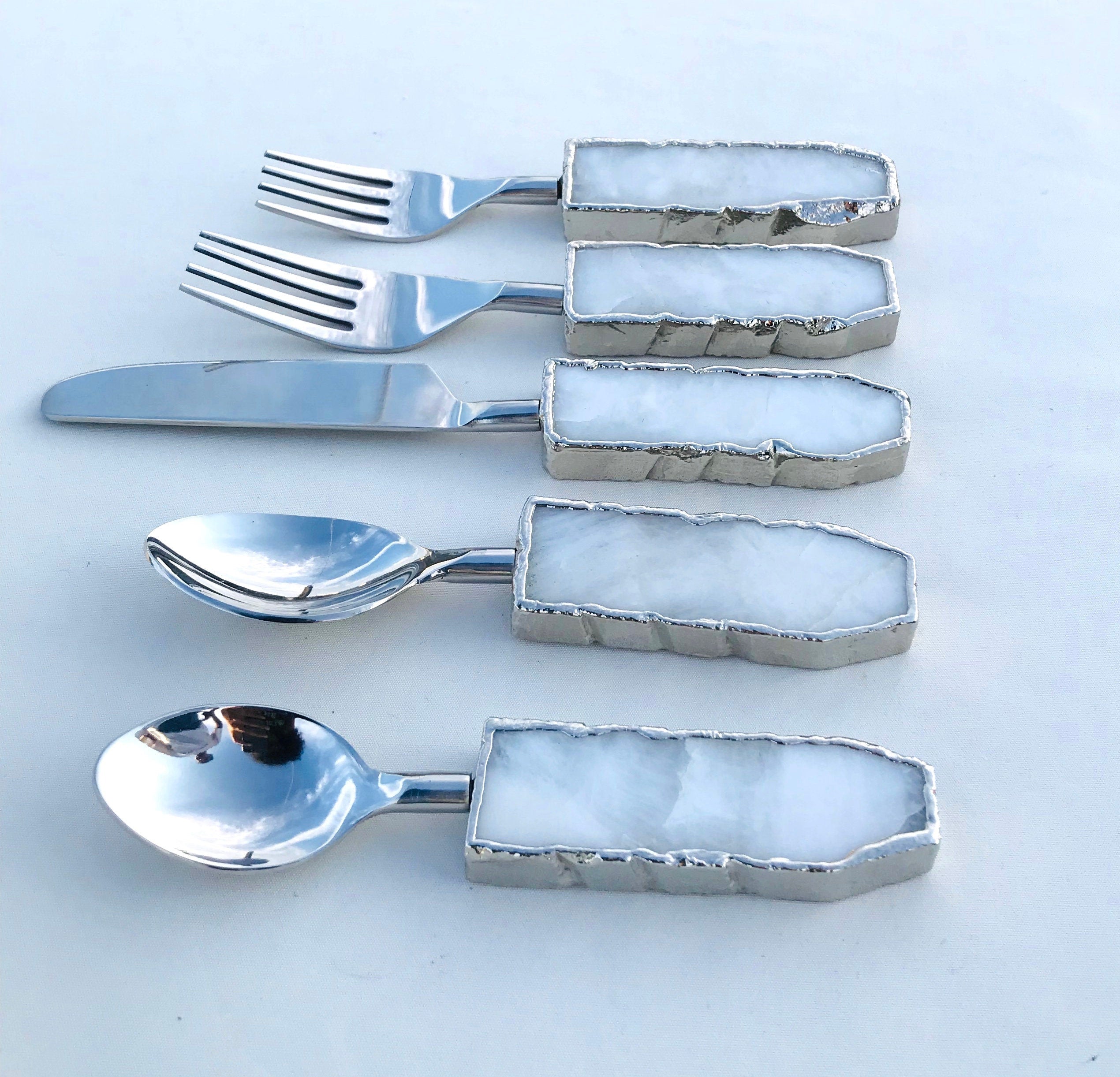 Set of 5 Pieces White Agate Cutlery - Forks/Spoons/Knife