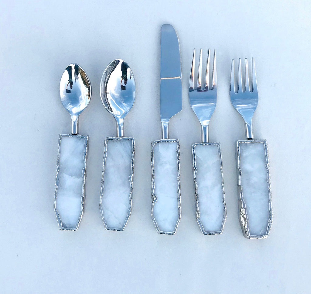 Set of 5 Pieces White Agate Cutlery - Forks/Spoons/Knife